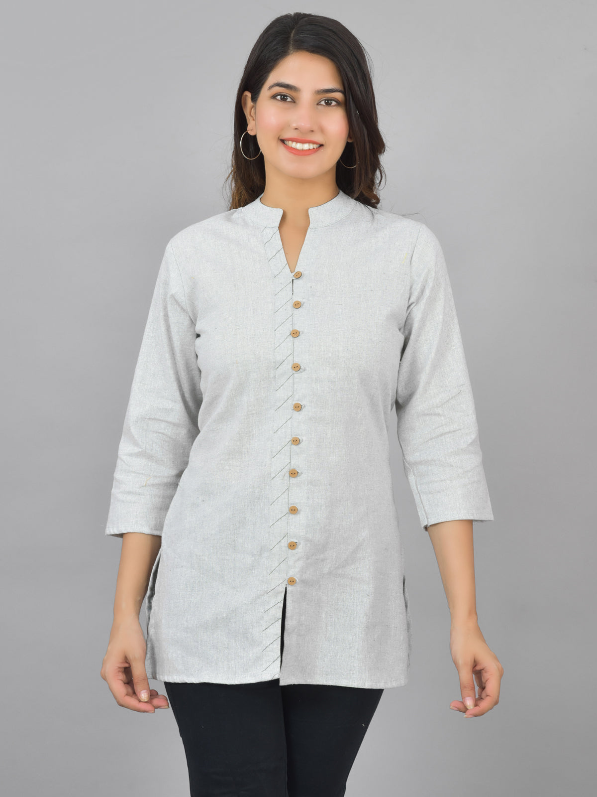 Womens Melange Grey Woven Design Handloom Cotton Frontslit Short