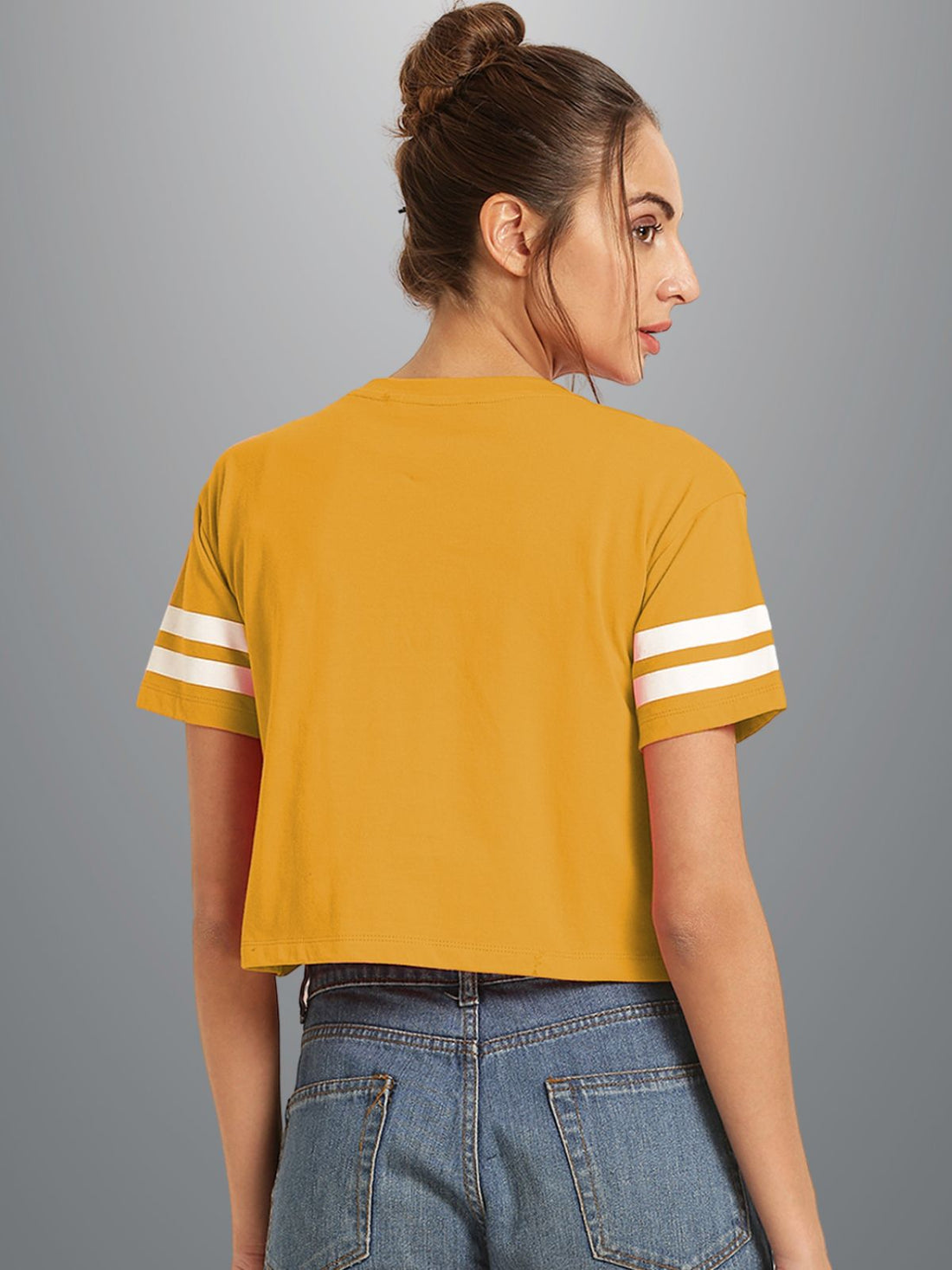 Womens Solid Mustard Cotton Crop Top With Designer White Stripe