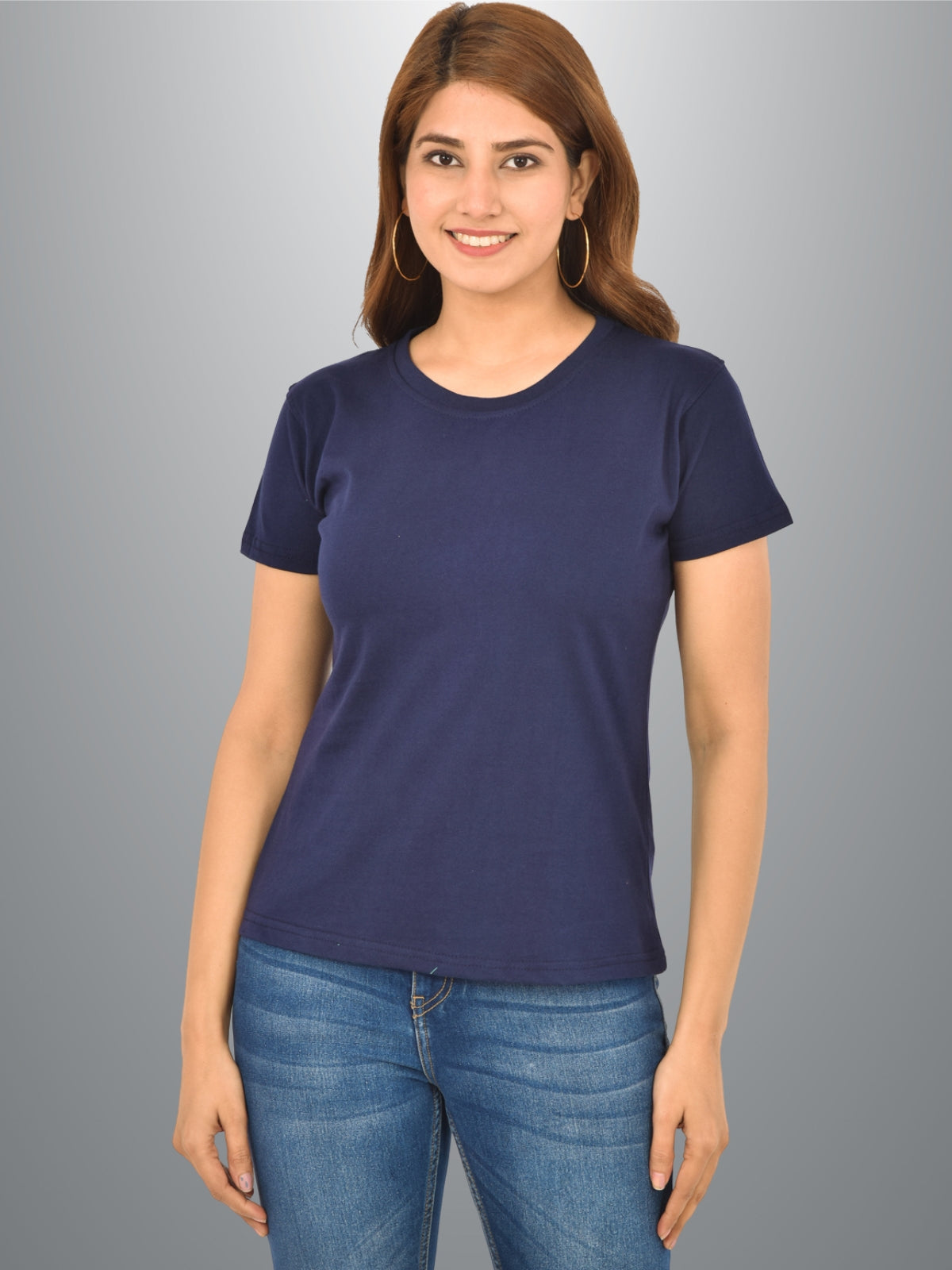Womens Navy Blue Half Sleeves Cotton Plain T-shirt – QuaClo