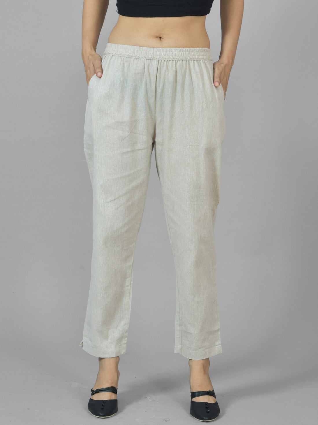 Pack Of 2 Womens Off White and Red Fully Elastic Cotton Trousers