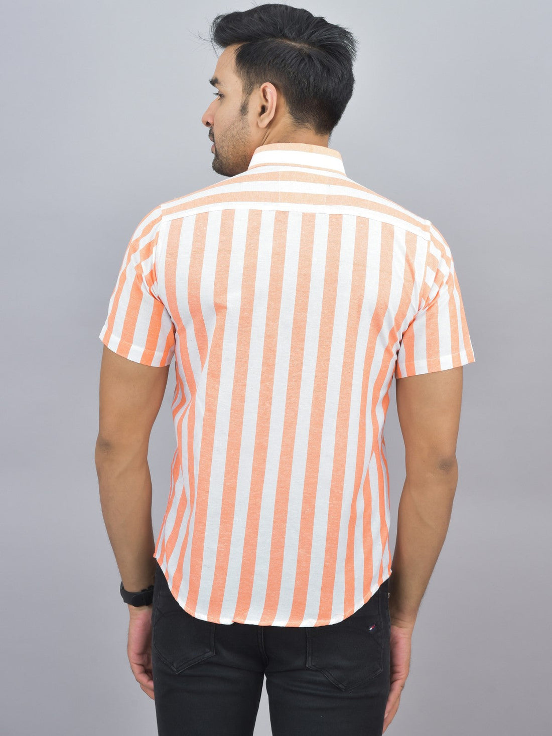 Mens Regular Fit Orange Striped Half Sleeves Cotton Casual Shirt