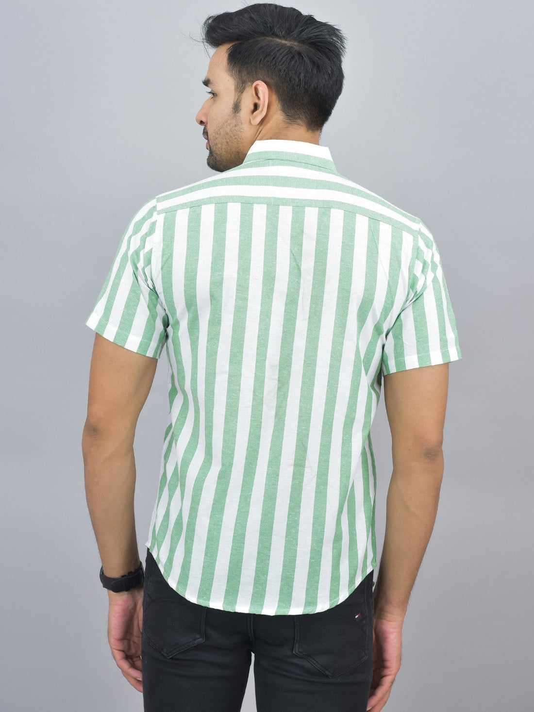 Mens Regular Fit Parrot Green Striped Half Sleeves Cotton Casual Shirt