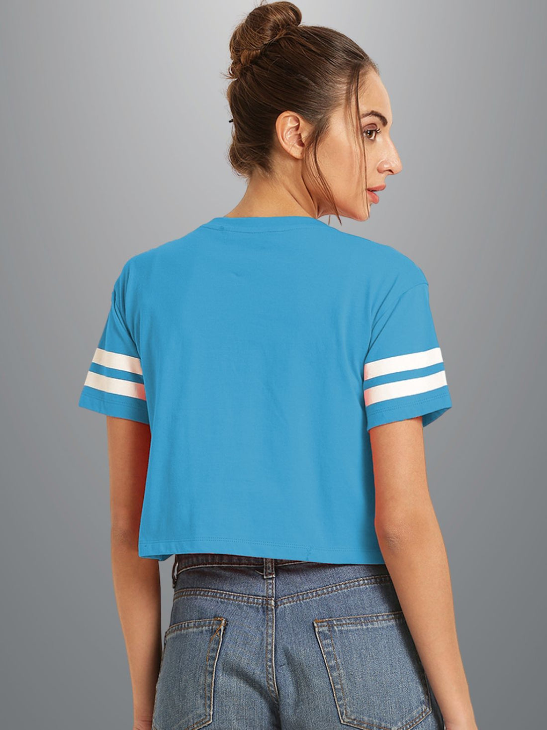 Womens Solid Sky Blue Cotton Crop Top With Designer White Stripe