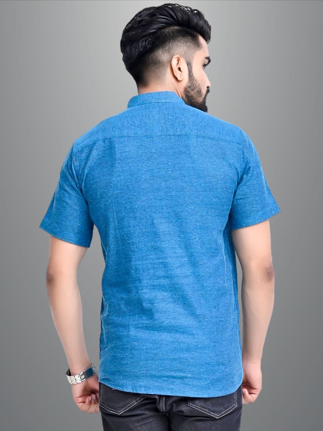 Mens Solid Teal Blue Cotton Blend Short Kurta