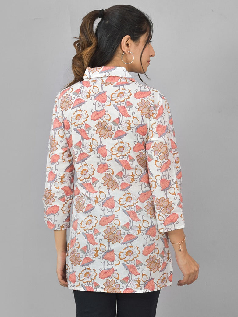 Women White Peach Floral Printed Cotton Spread Collar Short Kurti