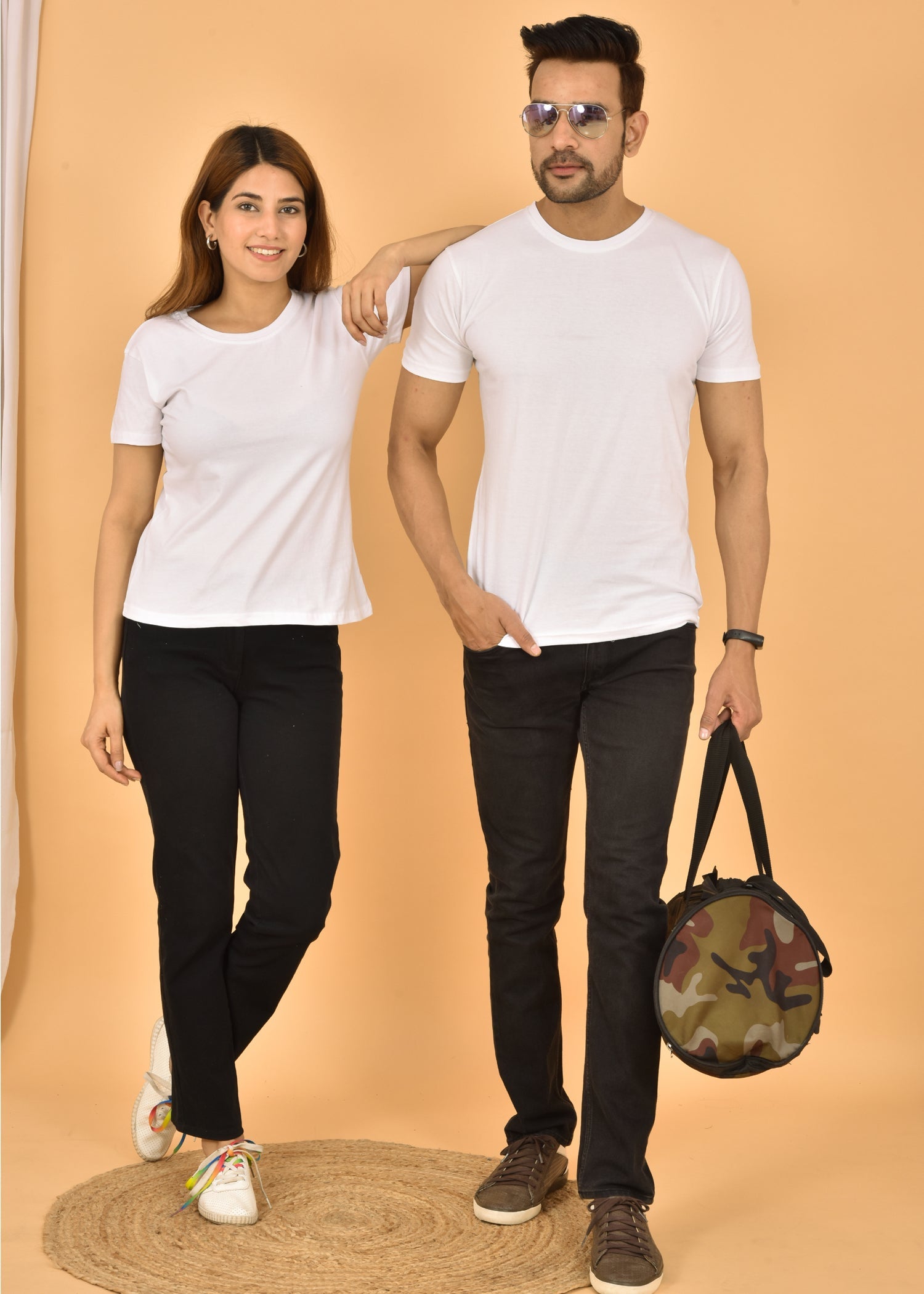 Couple White Round Neck Cotton Blend Plain T shirt Set