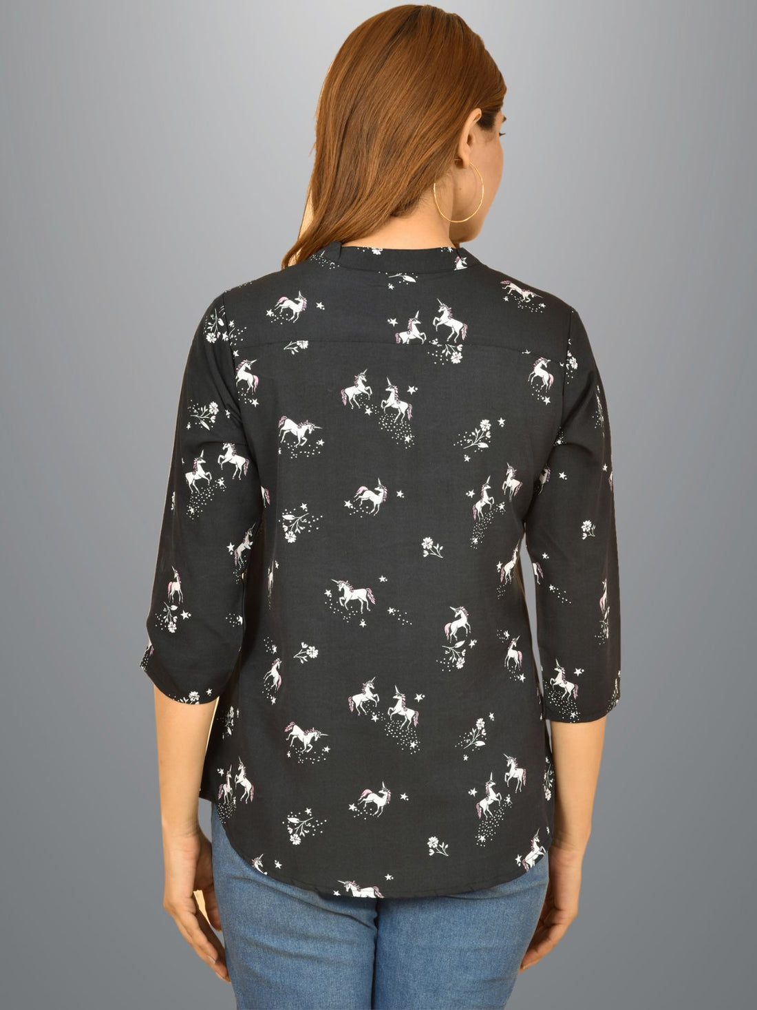 Womens Black Horse Printed Three Fourth Sleeve Crepe Top