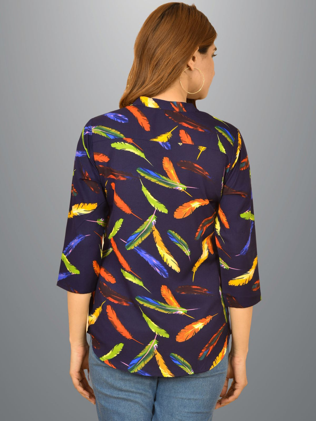 Womens Blue Leaf Printed Three Fourth Sleeve Crepe Top