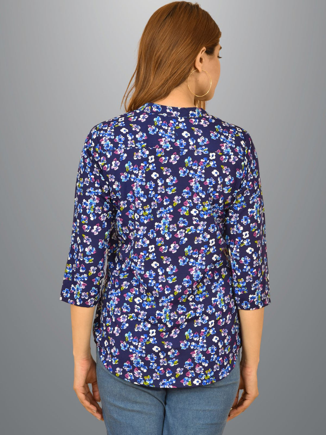 Womens Blue Floral Printed Three Fourth Sleeve Crepe Top