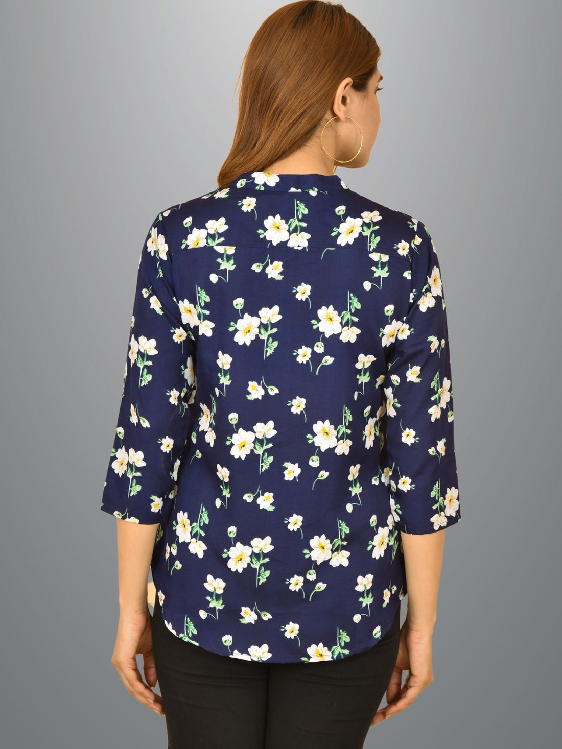 Womens Blue Flower Printed Three Fourth Sleeve Crepe Top