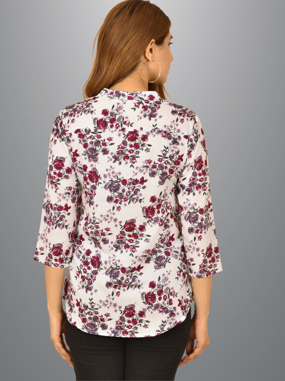 Womens White Flower Printed Three Fourth Sleeve Crepe Top
