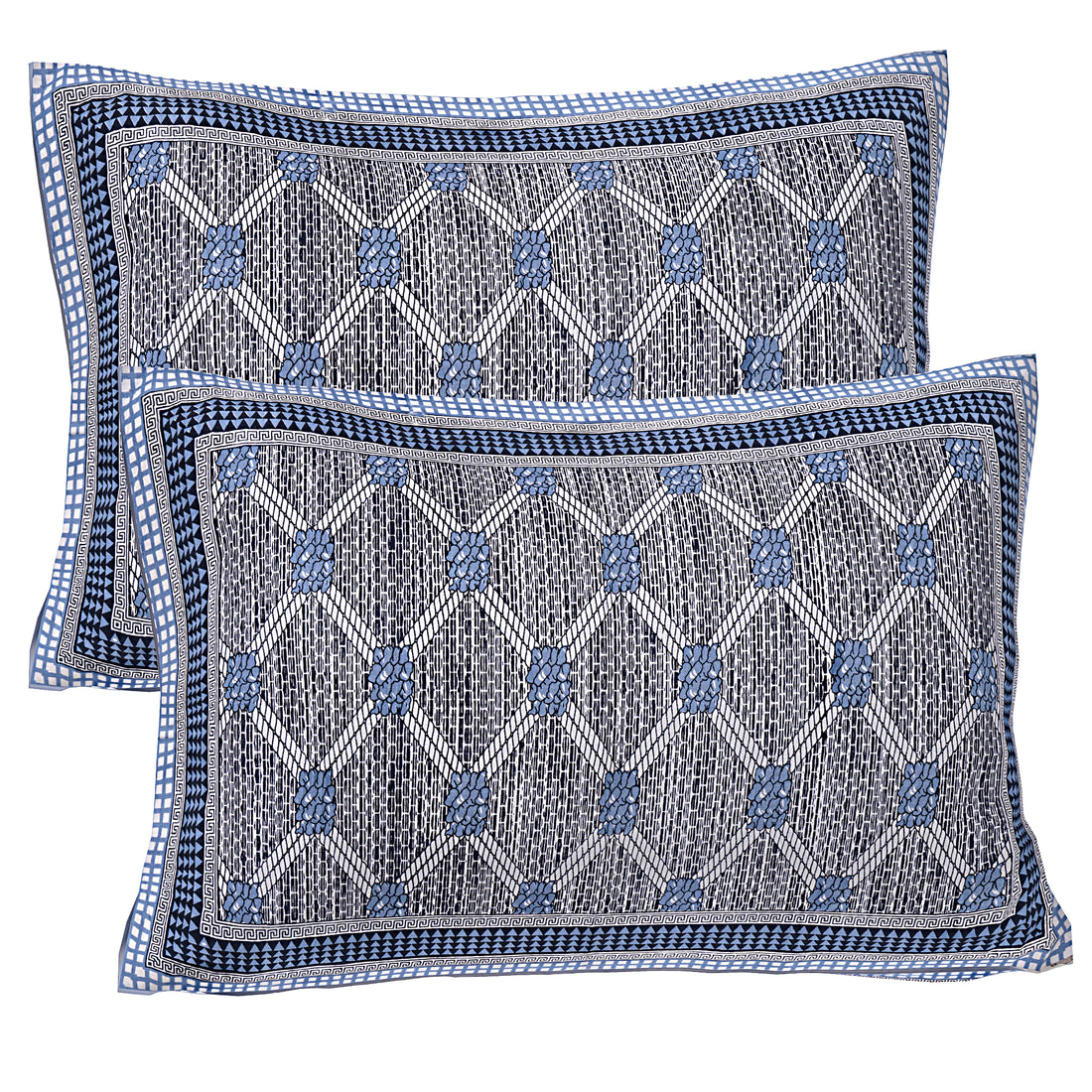 Pure Cotton Jaipur Sanganer Print 100*108 Inch King Size Double Bedsheet ,With 2 Pillow Covers,Blue-1007-1