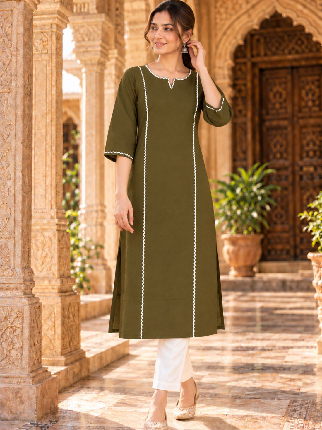 Mustard South Cotton straight Kurti with Lace