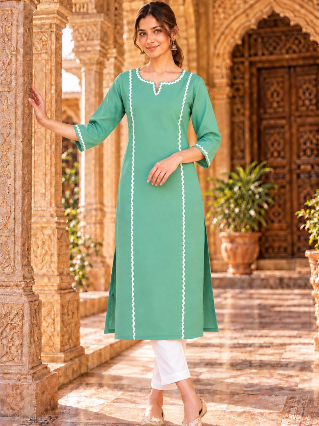 Green South Cotton straight Kurti with Lace