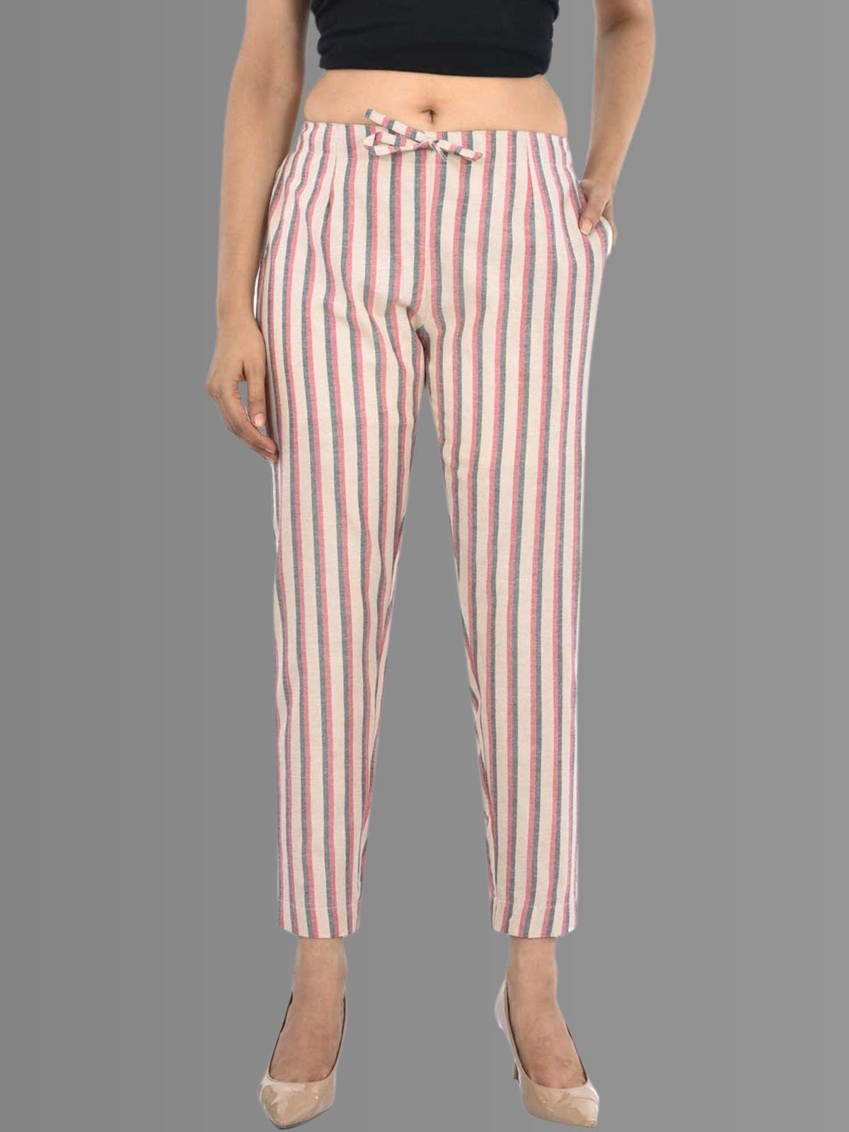 Pack Of 3 Womens Maroon, Red, Blue Cotton Broad Stripe Trouser Combo