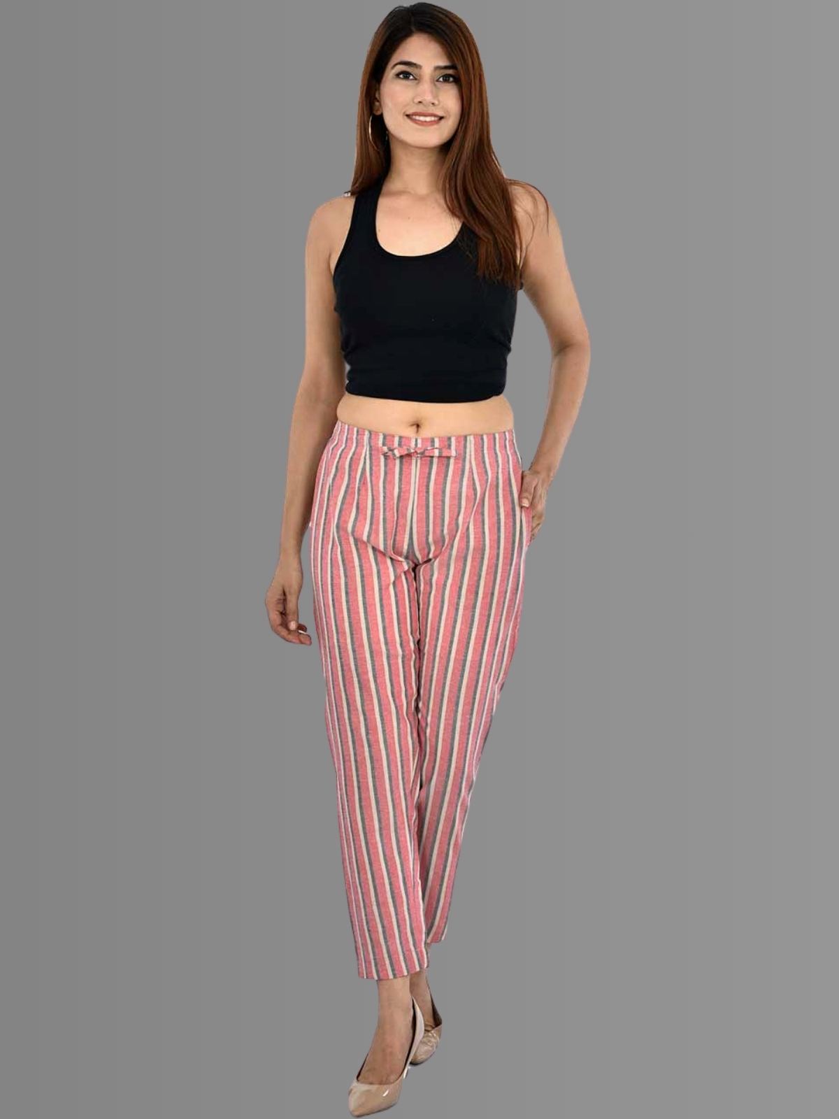 Pack Of 3 Womens Black, Maroon, Red Cotton Broad Stripe Trouser Combo