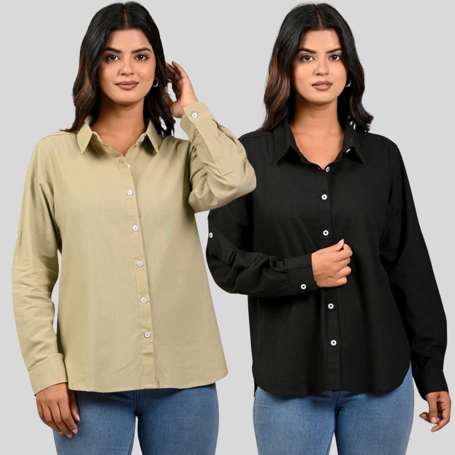 Women Beige And Black Solid Airy Linen Cotton Shirts Combo