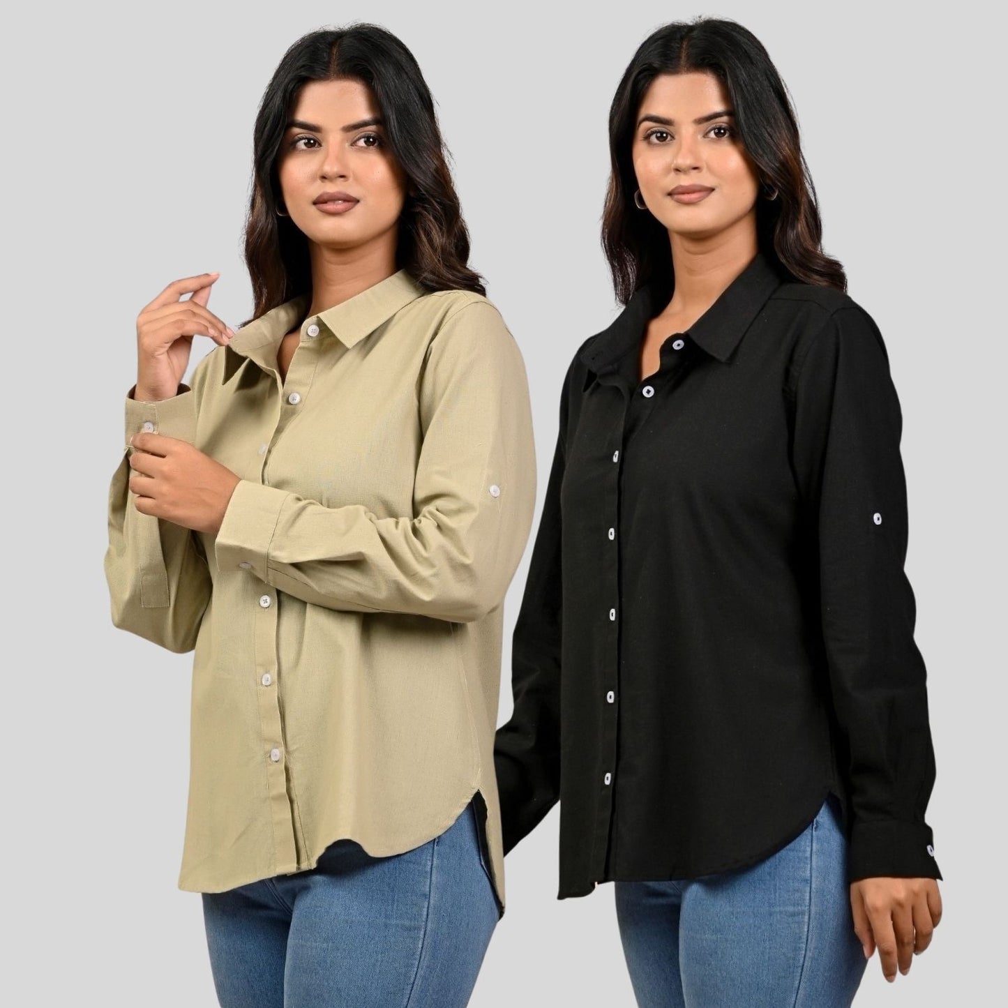 Women Beige And Black Solid Airy Linen Cotton Shirts Combo