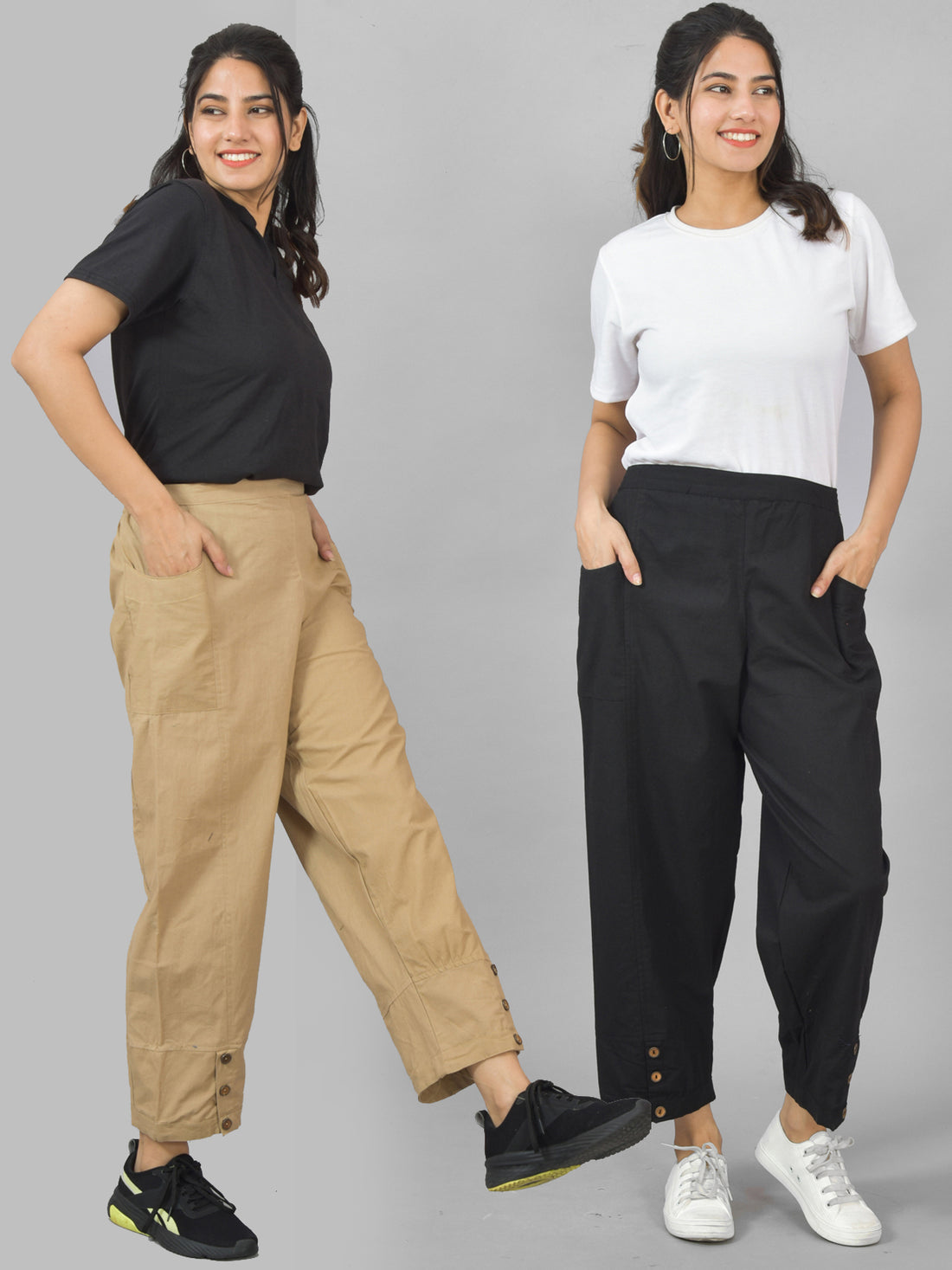 Combo Pack Of Womens Beige And Black Side Pocket Straight Cargo Pants
