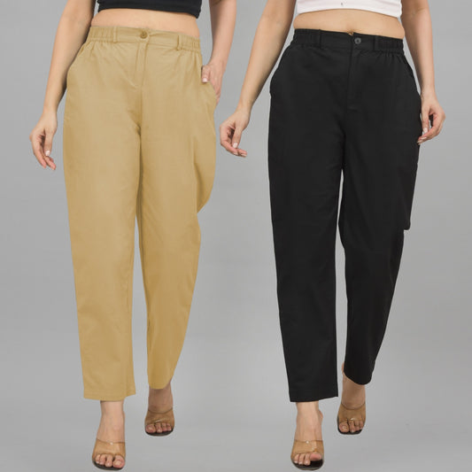 Combo Pack Of 2 Beige And Black Womens Cotton Formal Pants