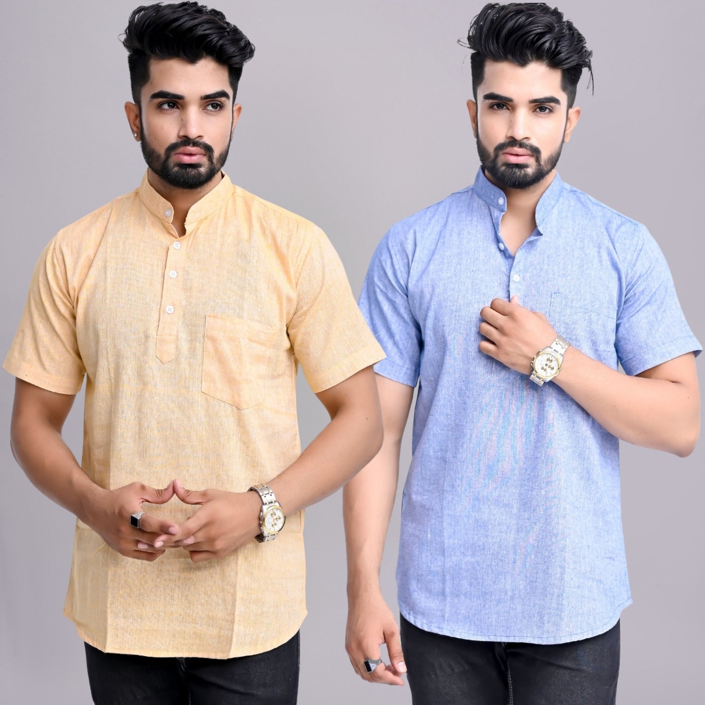 Pack of 2 Mens Solid Beige And Blue Khadi Cotton Short Kurta Combo