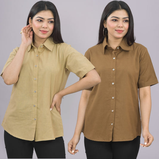 Pack Of 2 Womens Solid Beige And Brown Half Sleeve Cotton Shirts Combo