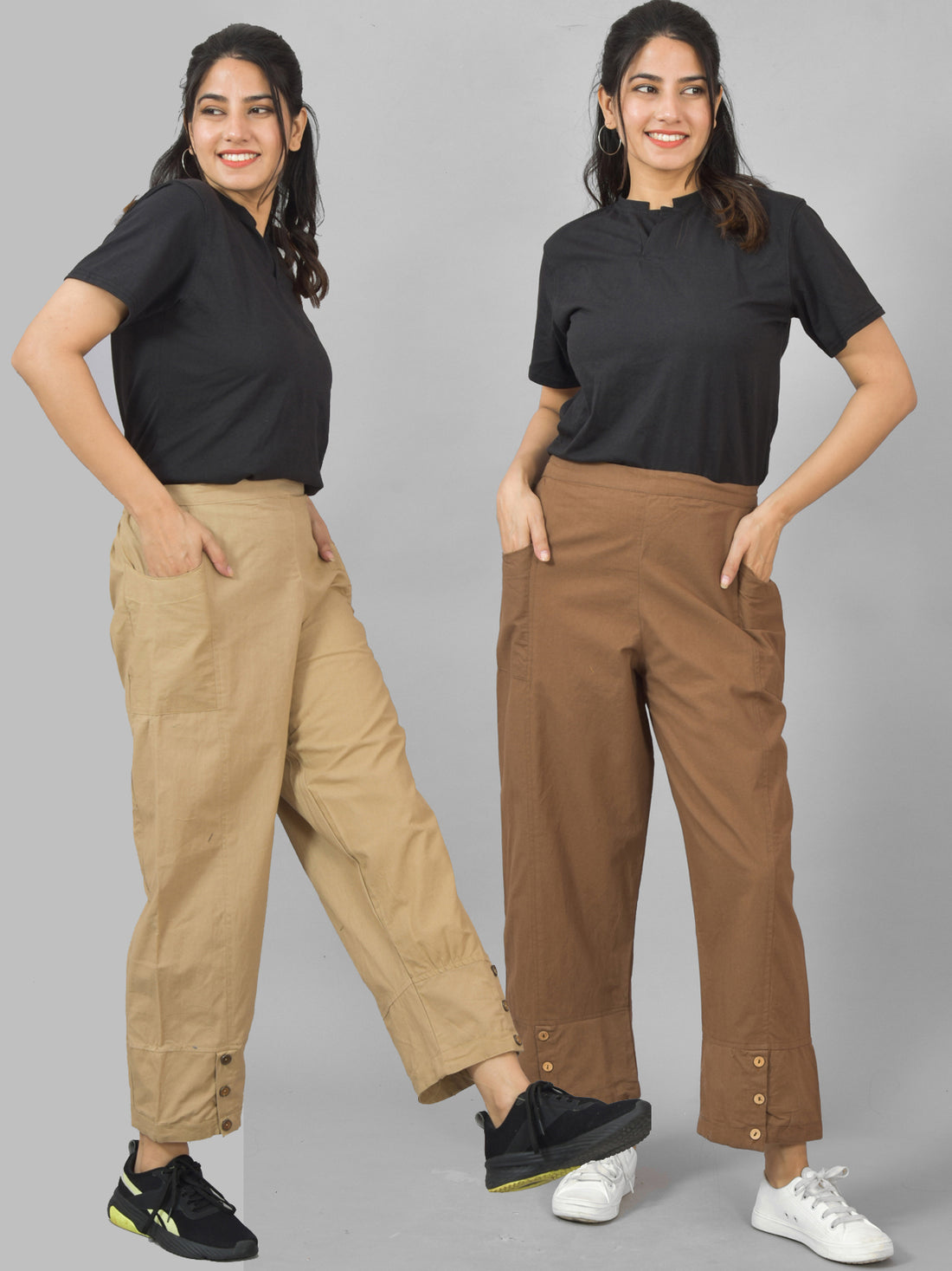 Combo Pack Of Womens Beige And Brown Side Pocket Straight Cargo Pants