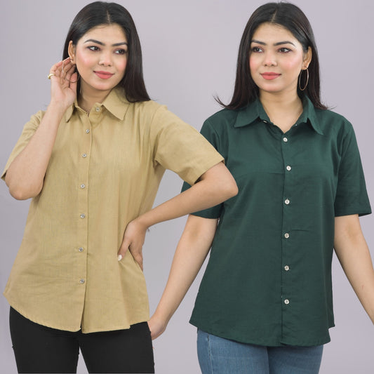 Pack Of 2 Womens Solid Beige And Bottle Green Half Sleeve Cotton Shirts Combo