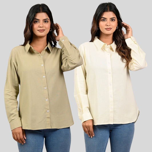 Women Beige And Cream Solid Airy Linen Cotton Shirts Combo