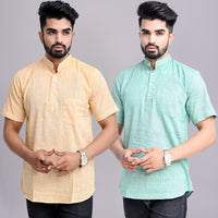 Pack of 2 Mens Solid Beige And Green Khadi Cotton Short Kurta Combo