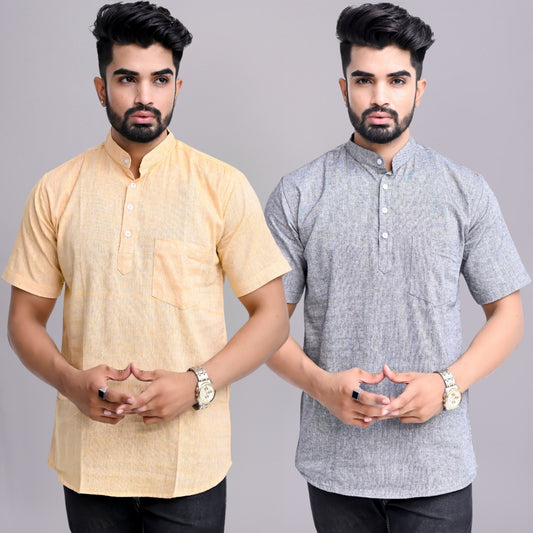 Pack of 2 Mens Solid Beige And Grey Khadi Cotton Short Kurta Combo