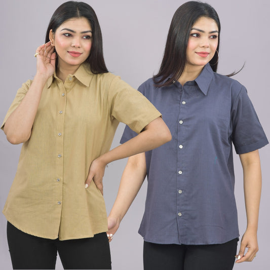 Pack Of 2 Womens Solid Beige And Grey Half Sleeve Cotton Shirts Combo