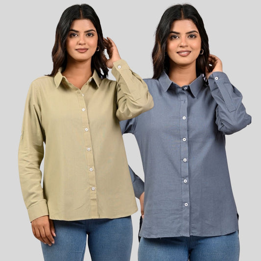 Women Beige And Grey Solid Airy Linen Cotton Shirts Combo