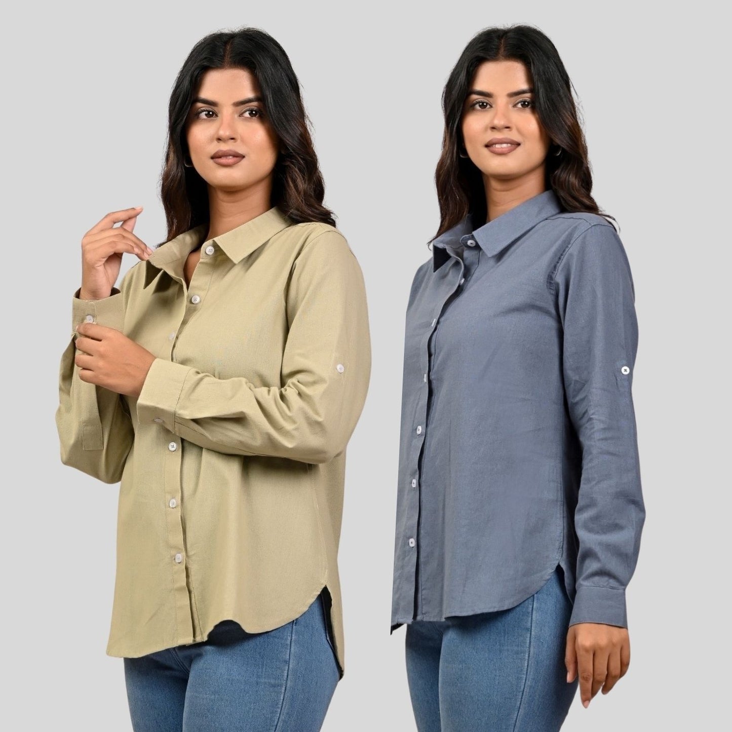 Women Beige And Grey Solid Airy Linen Cotton Shirts Combo