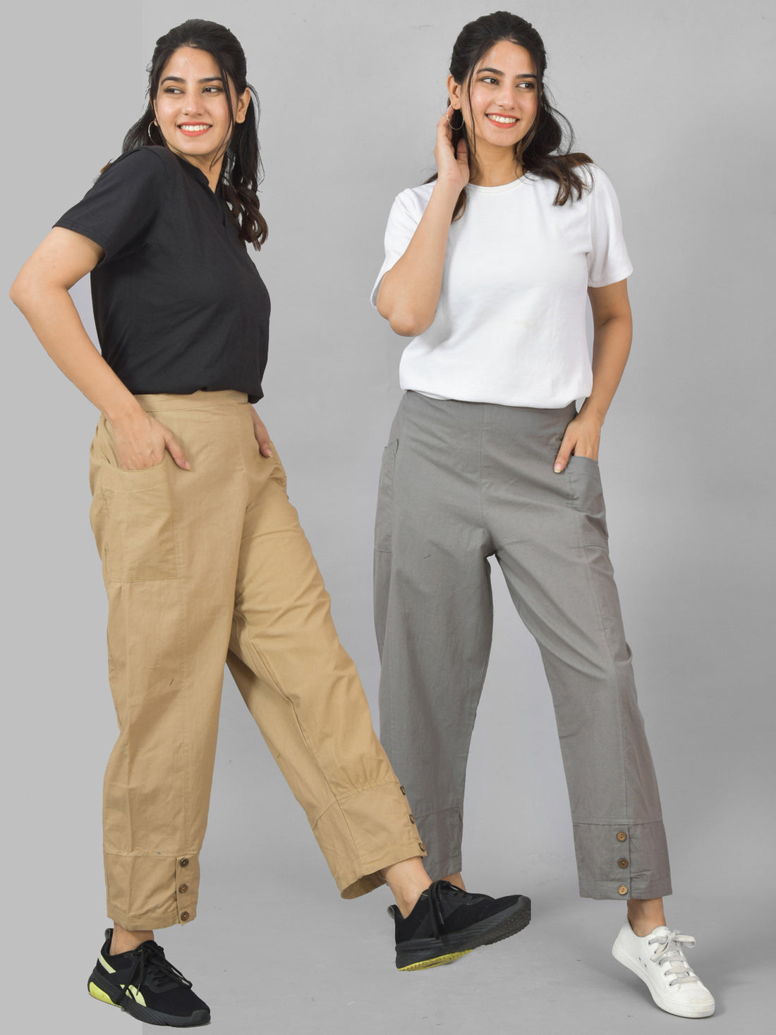 Combo Pack Of Womens Beige And Grey Side Pocket Straight Cargo Pants
