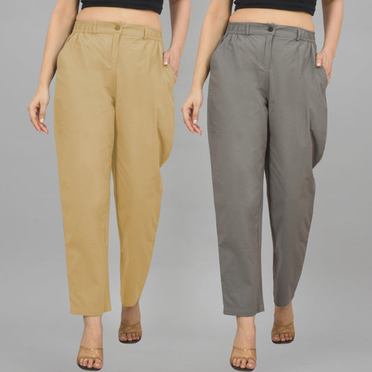 Combo Pack Of 2 Beige And Grey Womens Cotton Formal Pants