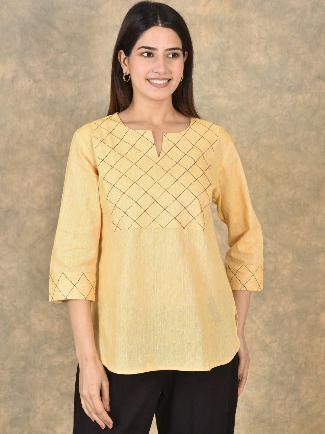 Handloom Cotton Yoke Top Combo Pack of 2 –  Beige & Mustard