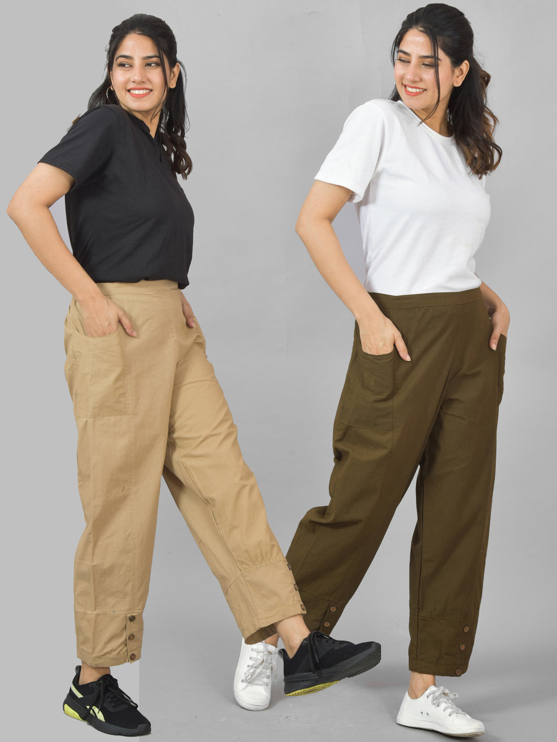 Combo Pack Of Womens Beige And Mehndi Green Side Pocket Straight Cargo Pants