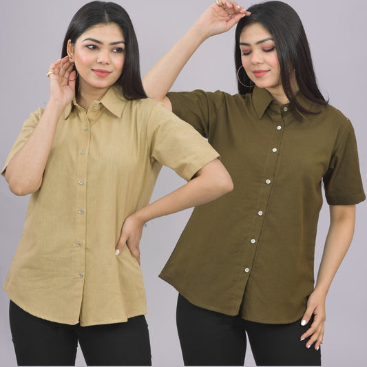 Pack Of 2 Womens Solid Beige And Mehendi Green Half Sleeve Cotton Shirts Combo