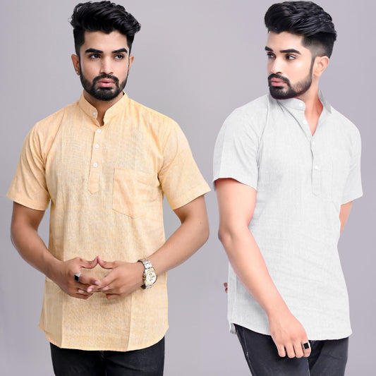 Pack of 2 Mens Solid Beige And Melange Grey Khadi Cotton Short Kurta Combo