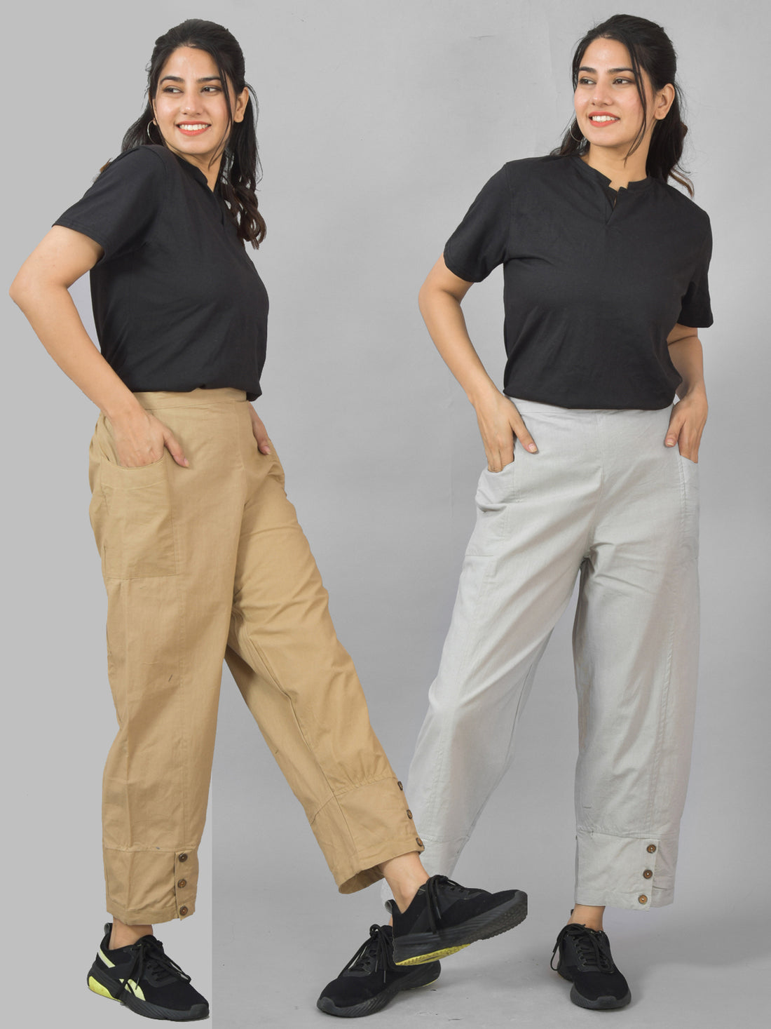 Combo Pack Of Womens Beige And Melange Grey Side Pocket Straight Cargo Pants