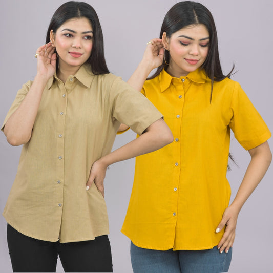 Pack Of 2 Womens Solid Beige And Mustard Half Sleeve Cotton Shirts Combo