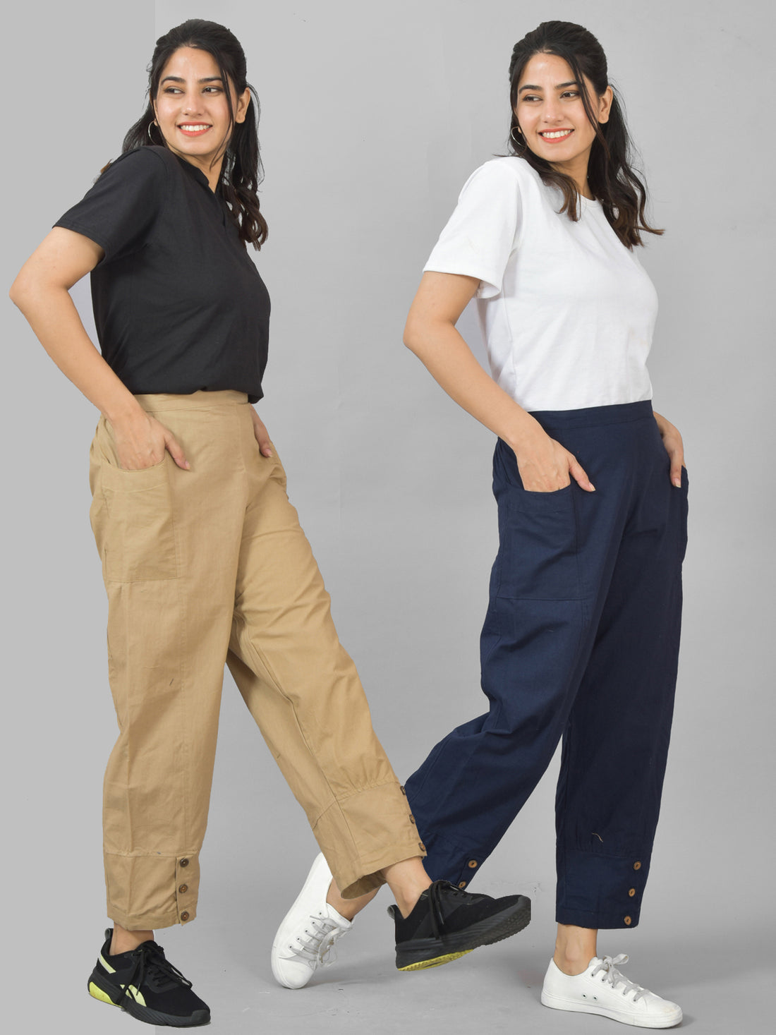 Combo Pack Of Womens Beige And Navy Blue Side Pocket Straight Cargo Pants