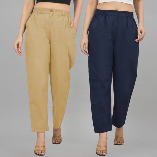 Combo Pack Of 2 Beige And Navy Blue Womens Cotton Formal Pants