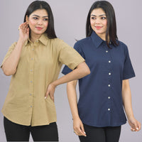 Pack Of 2 Womens Solid Beige And Navy Blue Half Sleeve Cotton Shirts Combo