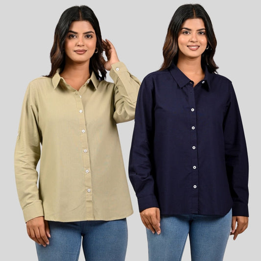 Women Beige And Navy Blue Solid Airy Linen Cotton Shirts Combo