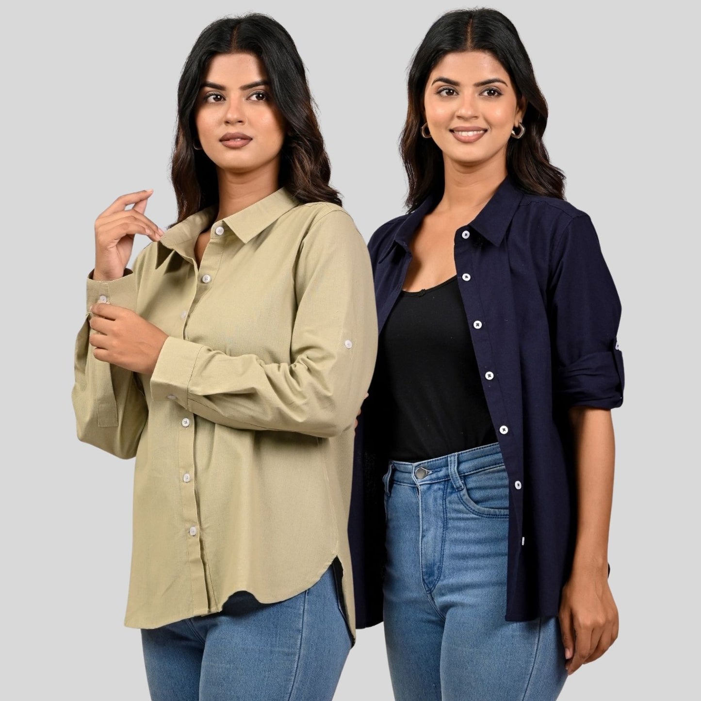 Women Beige And Navy Blue Solid Airy Linen Cotton Shirts Combo