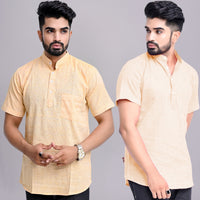 Pack of 2 Mens Solid Beige And Off White Khadi Cotton Short Kurta Combo