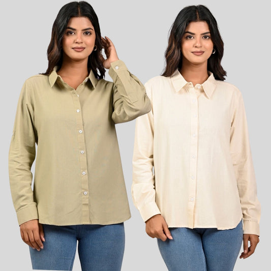 Women Beige And Off white Solid Airy Linen Cotton Shirts Combo