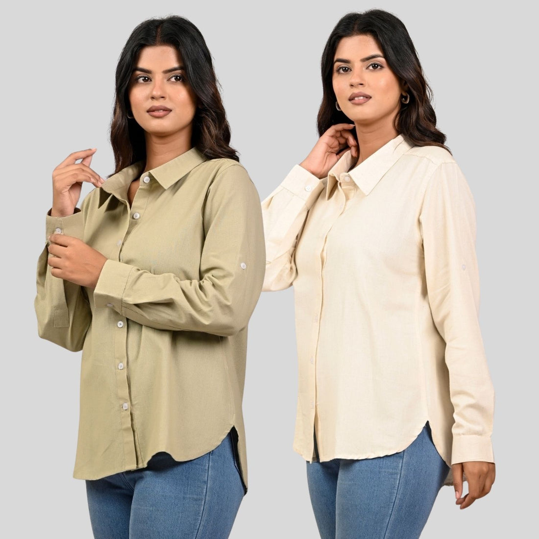 Women Beige And Off white Solid Airy Linen Cotton Shirts Combo